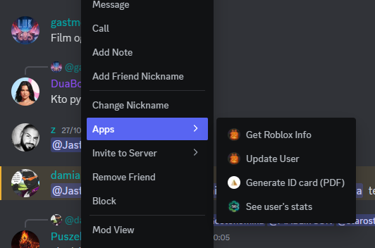 Komenda z menu kontekstowego